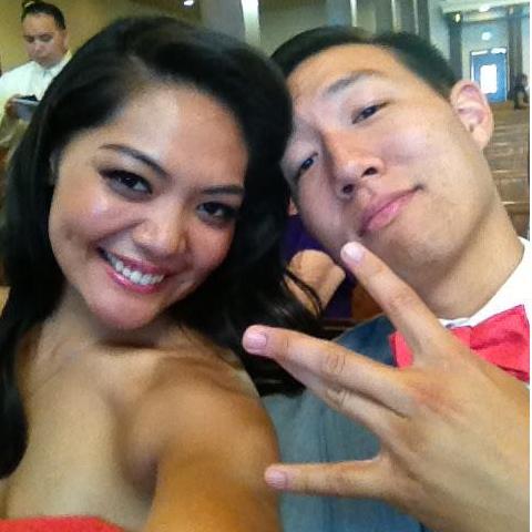 Our first photo together EVER! Taken at Angela & Mickey's wedding on September 5, 2014