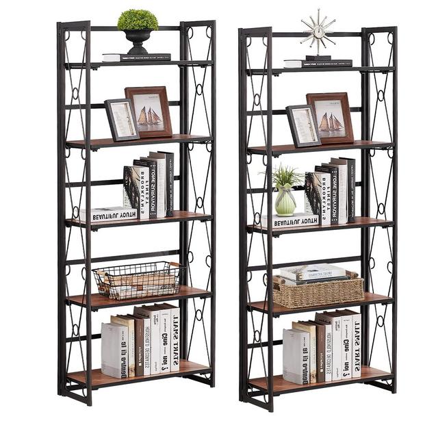 VECELO 5 Tier Folding Bookshelf, No Assembly Book Shelf Bookcase Set of 2, Industrial Metal Free-Standing Shelves Organizer Home Decor for Living Room, Bedroom, Study, Kitchen, Walnut