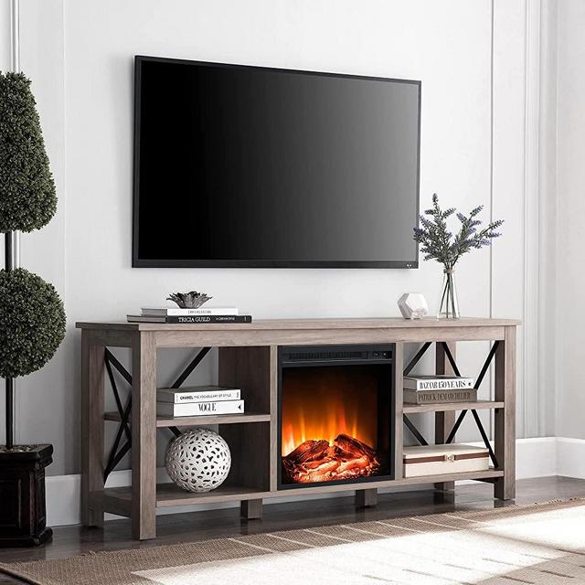 Sawyer Rectangular TV Stand with Log Fireplace for TV's up to 65" in Gray Oak