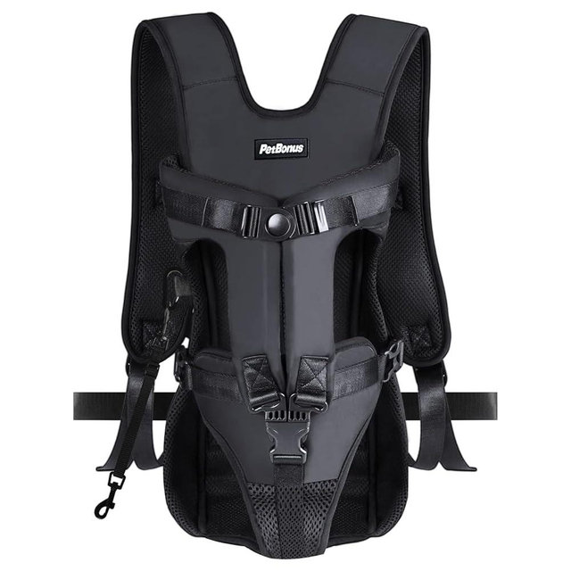 PetBonus Pet Front Dog Carrier Backpacks, Adjustable Dog Backpack Carrier, Legs Out Easy-fit Dog Chest Carrier for Medium Small Dogs, Hands Free Dog Front Carrier for Hiking, Cycling (Black, M)