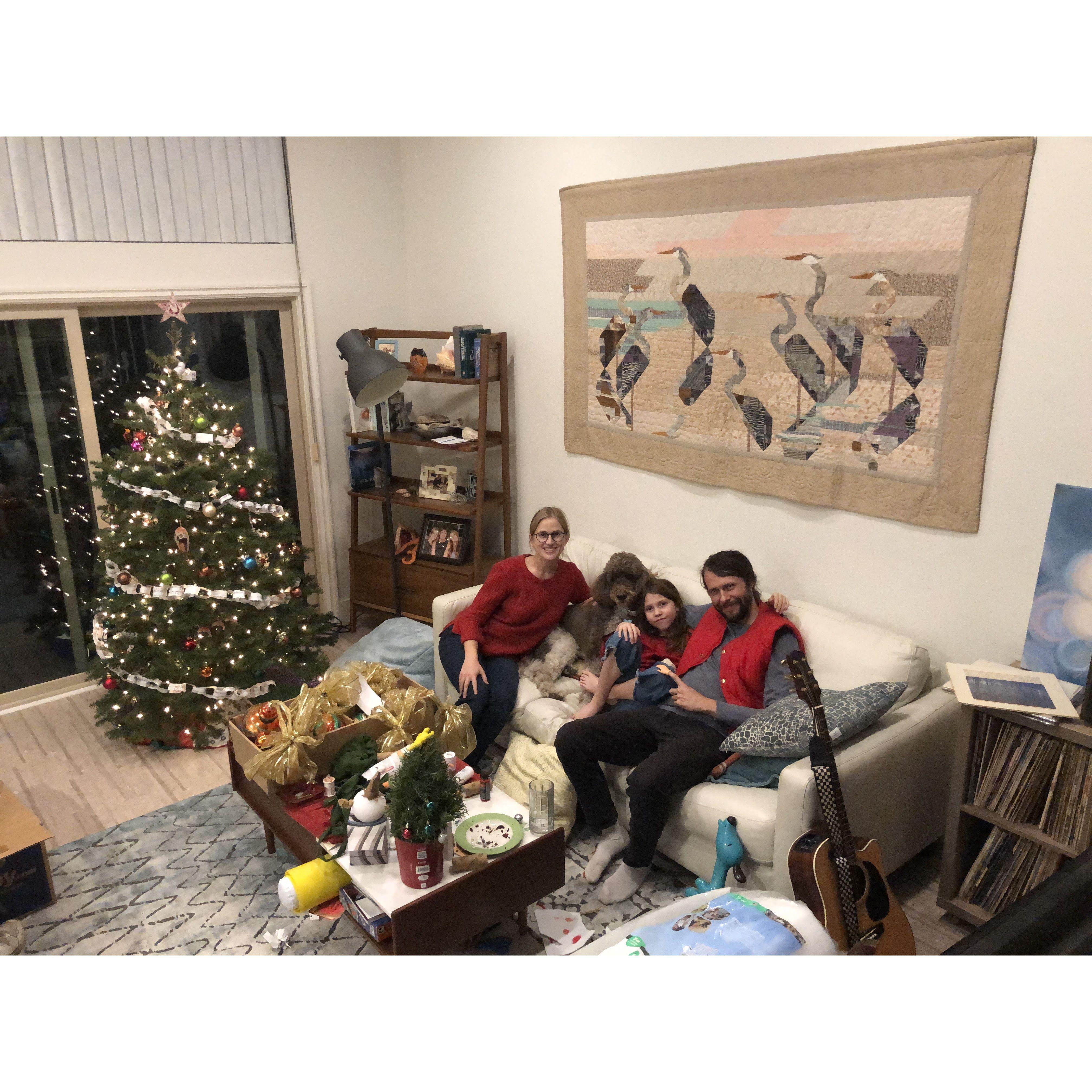 Our first Christmas and first Christmas tree (complete with homemade popcorn garland) in the new condo! (With special guest, Ripley D. Dog)