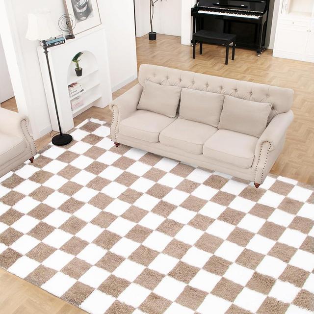 Super Soft Rug for Bedroom, 8x10 Ft Beige and White Area Rug Classic Checkered Shaggy Rug Anti-Skid High Pile Soft Fluffy Rug Fuzzy Carpet for Living Room Bedroom Kids Room Nursery, Dorm Home Decor