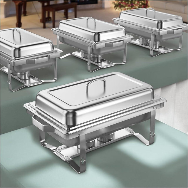 Chafing Dishes for Buffet 4 Pack, 9QT Chafing Dish High Grade Stainless Steel Chafer Complete Set,Steel Handle, Catering Events Complete Buffet Warmer Set (Silver, 4)