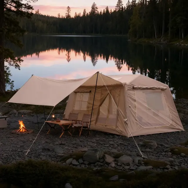 BAOURE 13.12ft x 9.02ft Inflatable Camping Tent with Detachable Canopy, 8-10 Person Blow Up Hot Tent with Stove Jack & AC Port