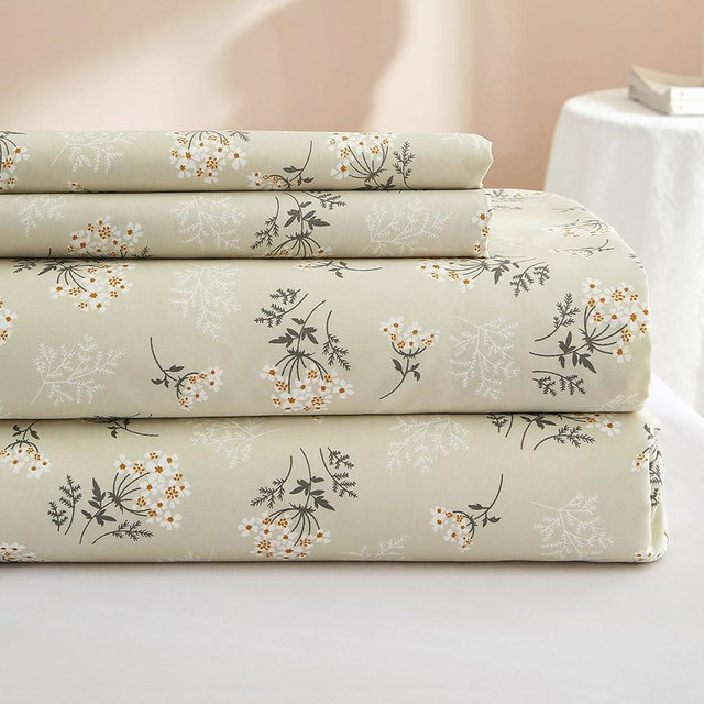 Beige Floral King Sheets Set 4 Piece Cooling Bedding Sheet Set - Luxury Soft Beige Deep Pocket 16" - Easy Soft Fitted Sheet King,Flat Sheet,2 Pillowcases Set,Wrinkle Resistant,Boho Floral Sheets