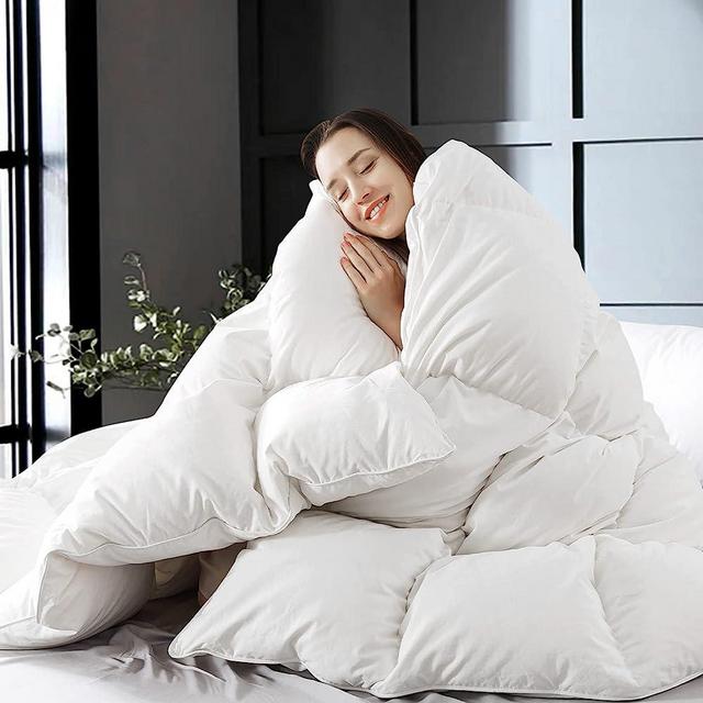WhatsBedding Feather Down Comforter King Size, All Season White Luxury Bed Comforter,Ultra Soft 100% Cotton Duvet Insert,106"x90"