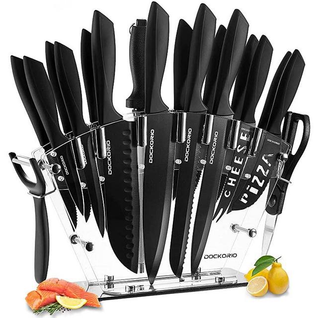 Dockorio Kitchen Knife Set with Block, 19 PCS High Carbon Stainless Steel Sharp Kitchen Knife Set includes Serrated Steak Knives Set, Chef Knives, Bread Knife, Scissor, Sharpener, all in one Knife Set