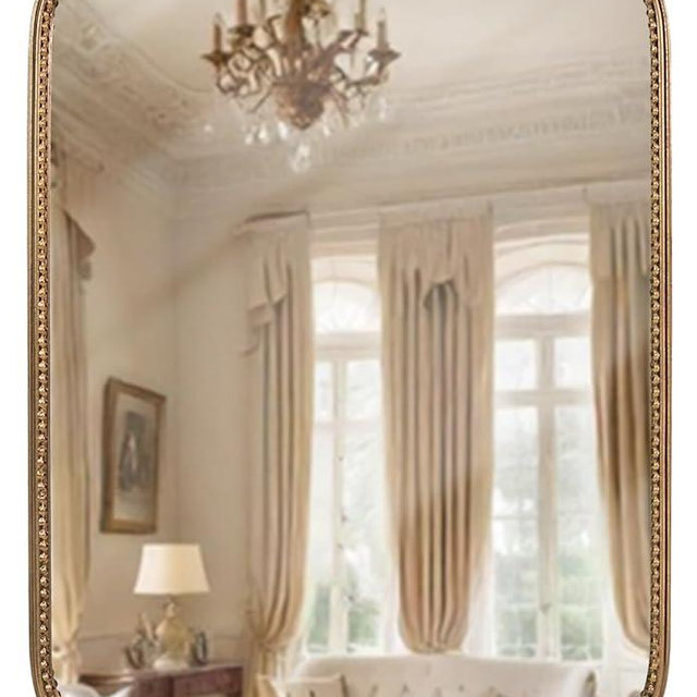 Rectangular Wall Mirror for Bathroom, Antique Gold 20"x30" Metal Beaded Frame Decorative Accent Mirror, Modern Distressed Hanging Wall Mount Decor for Washroom, Bedroom, Living Room, Entryway
