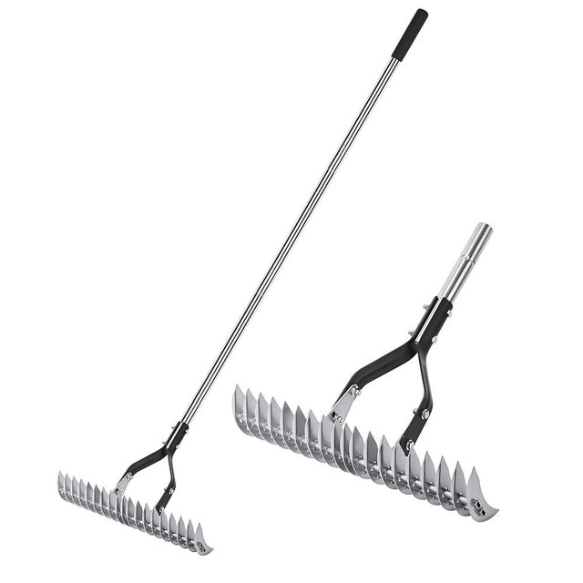 YEELOR Thatch Rake Landscaping Tools, 15 Inch Heavy Duty Garden Rake with Stainless Steel Handle, Lawn Loosening Soil Rake for Cleaning Dead Grass, Adjustable Dethatcher Rake for Garden Yard Lawn