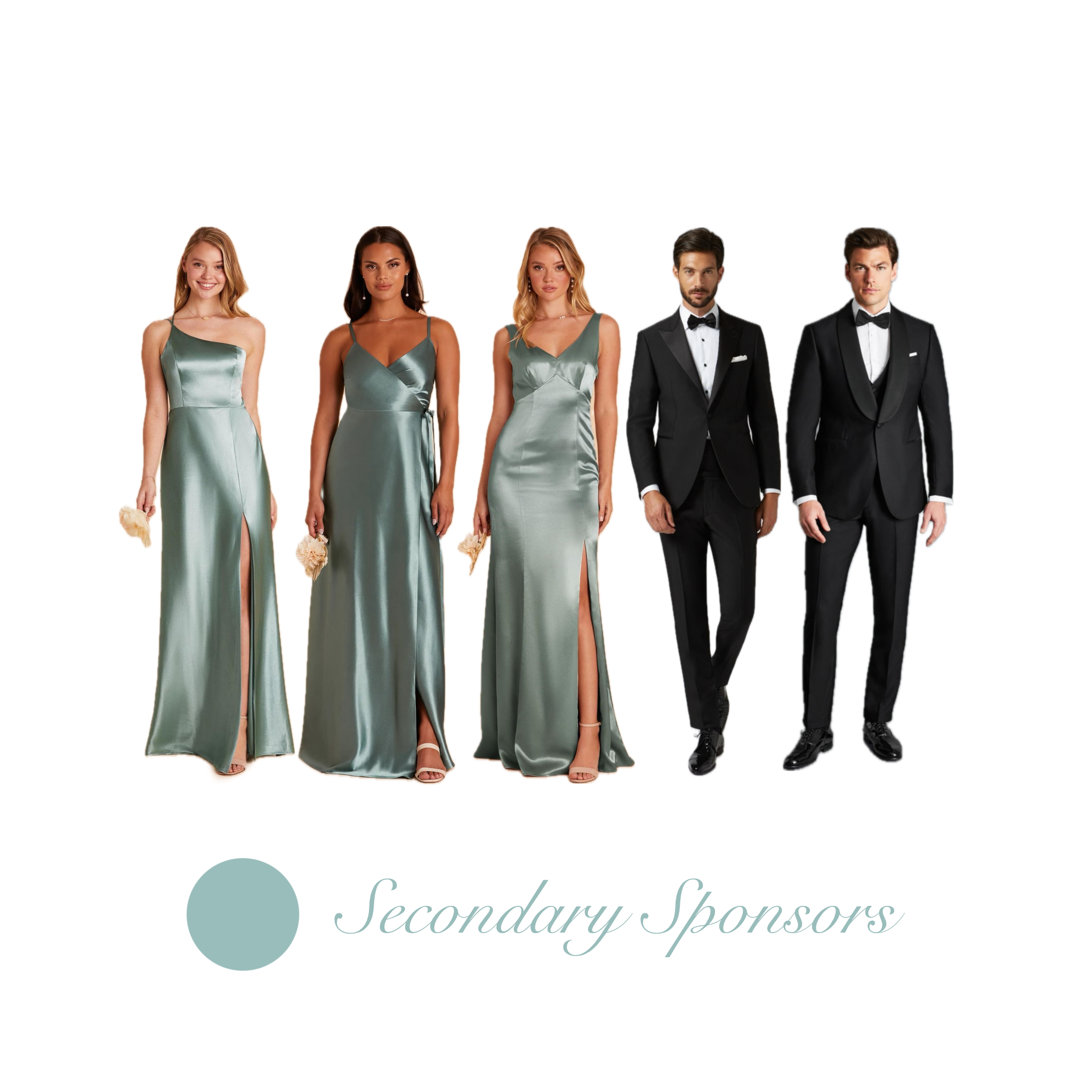 For our Secondary Sponsors: Ladies, long, elegant gowns in sea glass blue. You may bring a shawl for added comfort! Gents, black suits with white dress shirts & black bow ties.