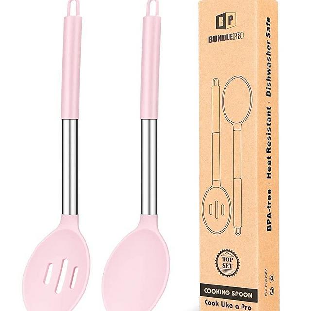 Pack of 2 Large Silicone Cooking Spoons,Non Stick Solid Basting Spoon,Heat-Resistant Kitchen Utensils for Mixing,Serving,Draining,Stirring
