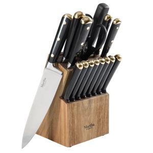 Martha Stewart 16 Piece Lockton High Carbon Stainless Steel Cutlery Kitchen Knife Block Set W/ABS Tripe Riveted Forged Handle Acacia Wood Block - Black W/Gold