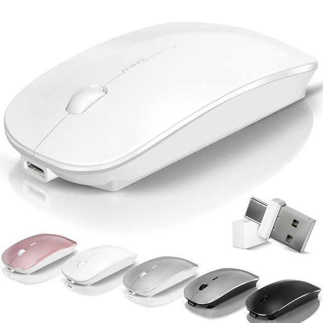 Kovess Wireless Bluetooth Mouse for Mac Air MacBook Pro Laptop PC Pad Optical Rechargeable Silent Mouse with Jiggler Mode Dual Mode Switch Bluetooth 5.2/3.0 and 2.4G USB-A & USB-C Receiver White
