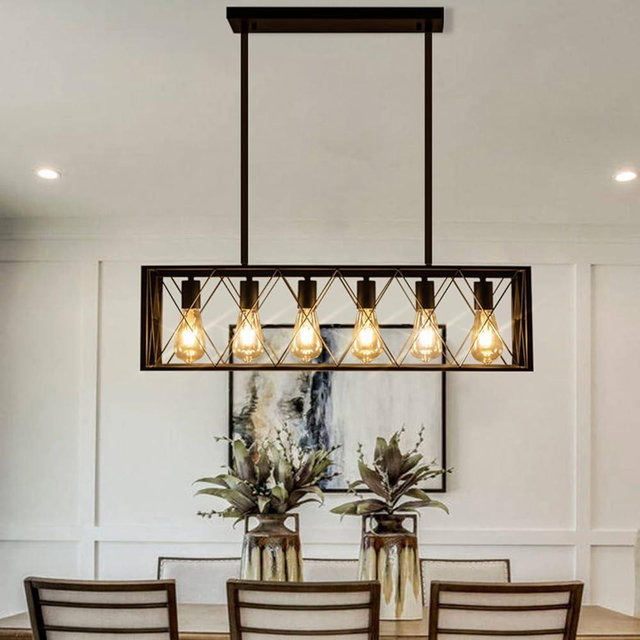 Pretoy Kitchen Island Pendant Lighting 6-Light Black Metal Industrial Bar Chandelier Fixtures Vintage Hanging Farmhouse Rectangle Linear Chandelier for Dining Room Living Room