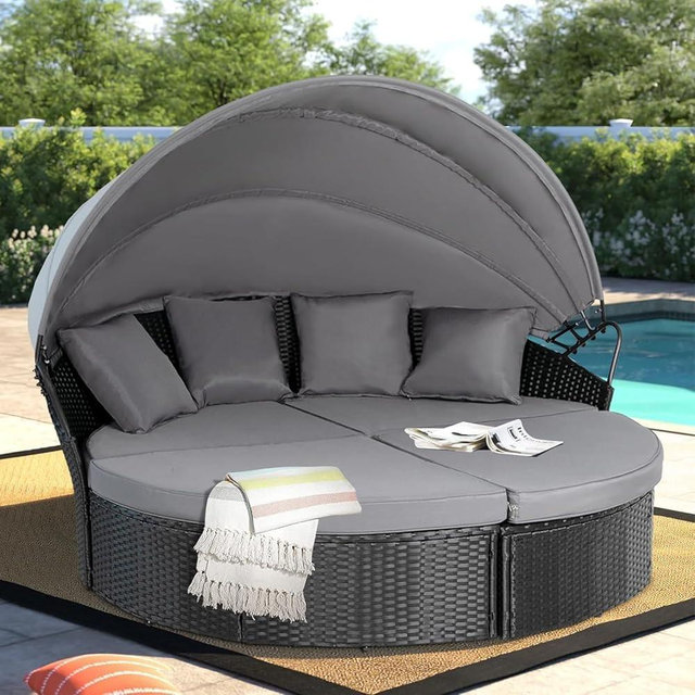 Betterland Outdoor Furniture Patio Round Daybed with Retractable Canopy, Black Wicker Clamshell Sectional Seating with Cushions for Patio, Backyard, or Porch, Pool Round Bed