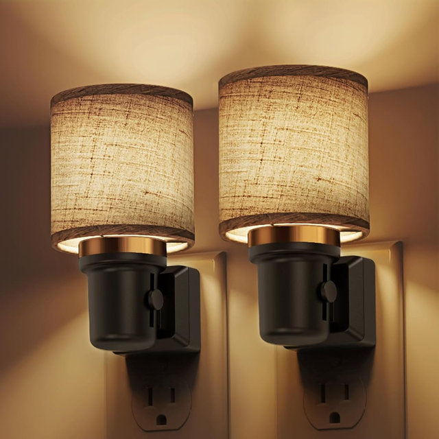 L LOHAS LED Night Lights Plug into Wall, 2 Pack Linen Fabric Cylinder Decor Night Light, Dusk to Dawn Sensor Vintage Nightlight, 0-100LM Dimmable, for Bedroom Living Room Hallway