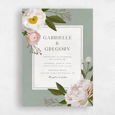 Green Floral Wedding Invitation - Verano Portrait