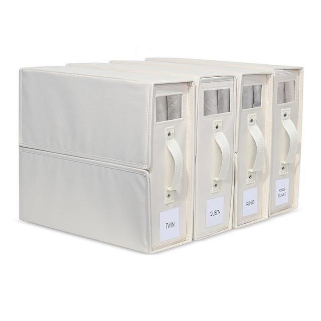 Bed Sheet Organizer Set - 4 Pack Premium Foldable Organizers for Sheets, Comforters, & Linens - Fits Neatly in Closet or Under Bed - Sturdy Oxford Cloth with Premade Labels - Home Storage Solution