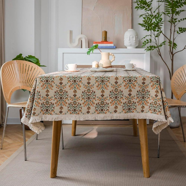 VClife Beige Floral Print Table Cloth, Linen Texture Tablecloth for Rectangle Tables, Aesthetic Vintage Flower Leaves Table Cover for 6-8 Seaters Decorative Fabric Furniture Protector, 60" x 84"