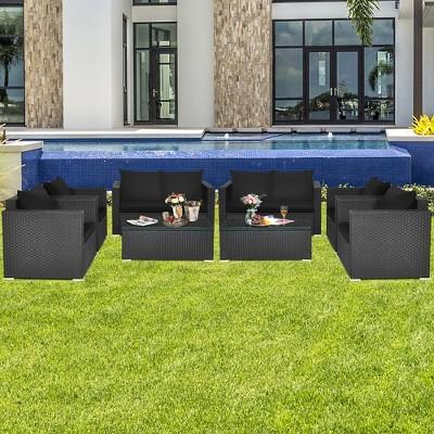 Costway 8PCS Patio Rattan Furniture Set Cushioned Sofa Chair Coffee Table Turquoise\Red\Black