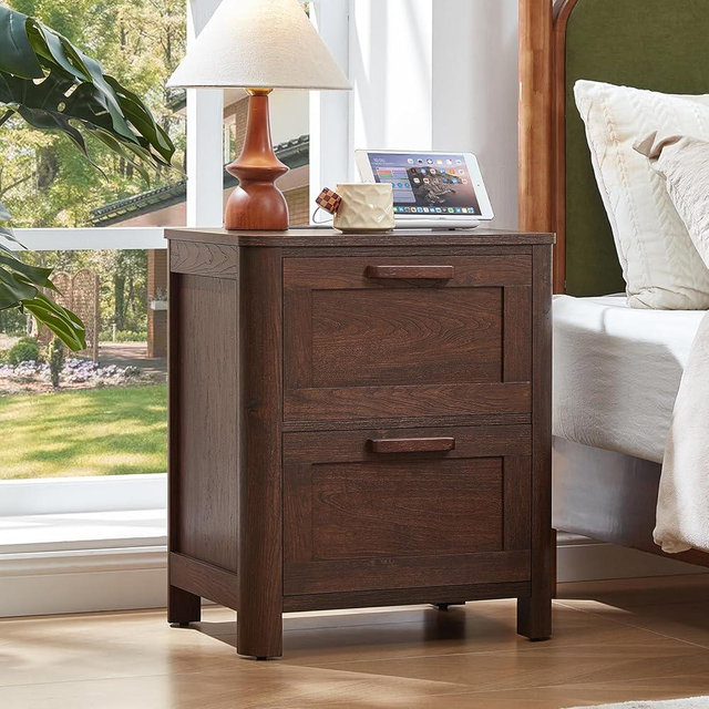 Joaxswe Farmhouse Night Stand with Charging Station, End Tables Bedroom with 2 Large Drawers & 4 Thickened Table Legs, Walnut