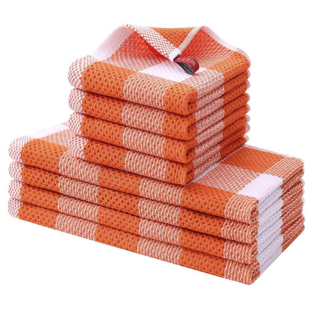 Homaxy Kitchen Towels and Dishcloths Set, 12 x 12 and 13 x 28 Inches, Set of 8 Bulk Cotton Waffle Weave Check Plaid Kitchen Towels, Super Soft and Absorbent Dish Towels, White & Orange