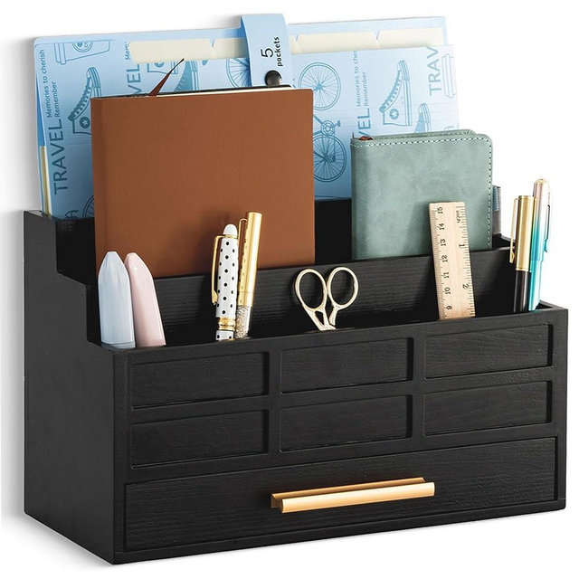 dreampossible Black Wood Desk Organizer and Accessories with Drawer, Bill Mail Organizer and File Mail Holder for Office Supplies, Rustic Desk Accessories & Workspace Organizers for Desk Organization
