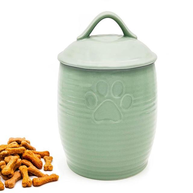 NIXBYO Large Dog Treat Container Airtight, Cute Dog Treat Jar with Lids,Rustic Dog Treat Storage Container, Ceramic Cat Food Jars for Kitchen Counter, Green