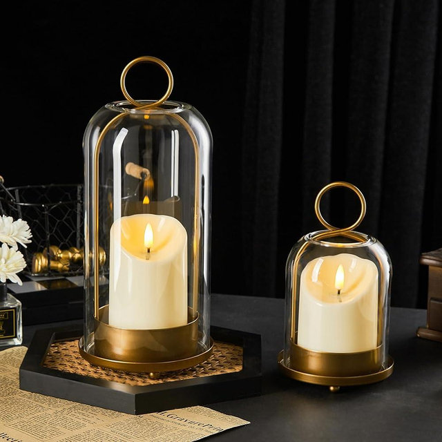 Ganwu 5"&4" Metal Candle Holder with Handmade Glass Dome in Brass & 2 Timer Candles, Set of 2 Versatile Hurricane Glass Candle Holders for Pillar Candles & Plants