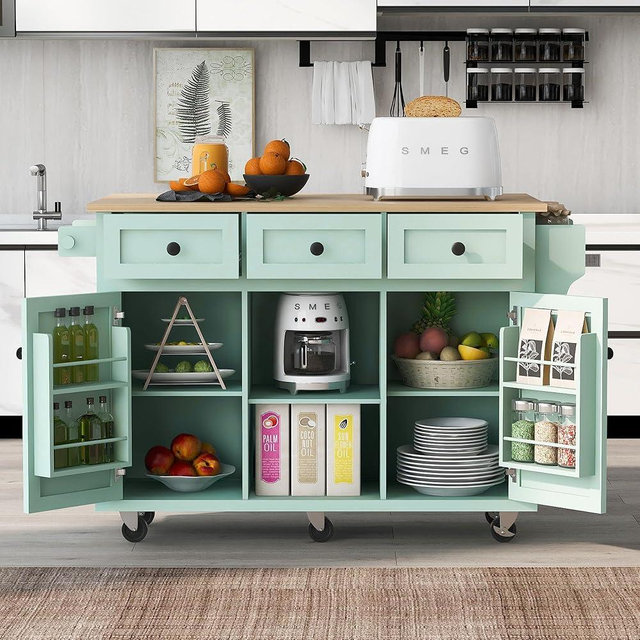 Anveffeg Mint Green Mobile Kitchen Island with Drop-Leaf Countertop, Cabinet Storage, 3 Drawers | 5-Wheel Small Kitchen Cart, Extendable Table, Power Outlet Ready, Microwave Stand