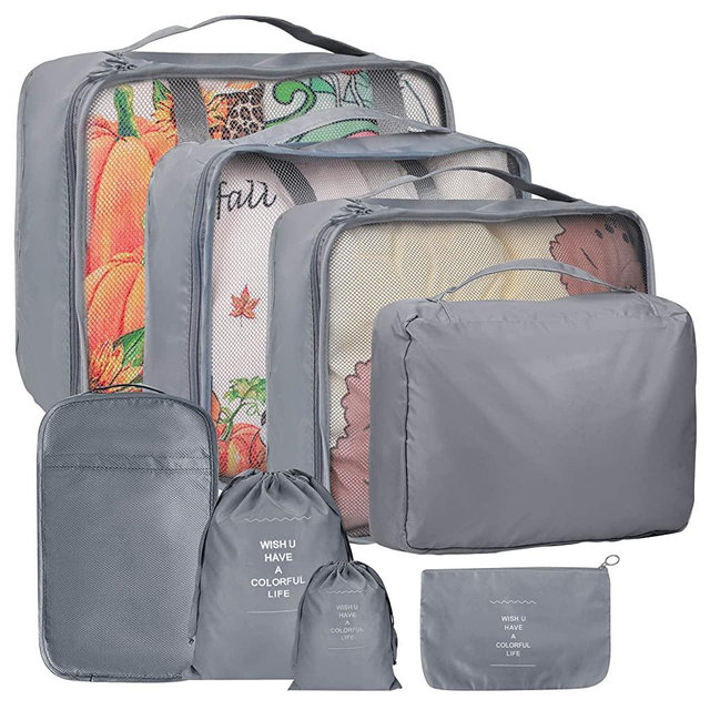 8 Set Packing Cubes for Suitcases, kingdalux Grey Travel Luggage Packing Organizers with Laundry Bag, Compression Storage Shoe Bag, Clothing Underwear Bag, for Women & Man