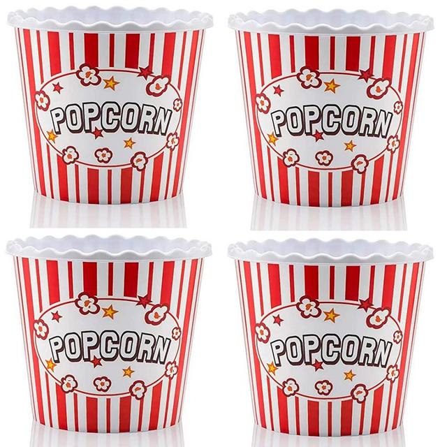 Modern Style Reusable Plastic Popcorn Box / Popcorn Containers / Popcorn Bowls Set for Movie Theater Night - (BPA Free - Red/White 4 Pack-75 oz)