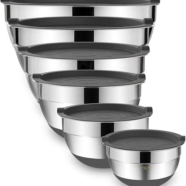 Mixing Bowls with Airtight Lids，6 piece Stainless Steel Metal Nesting Storage Bowls by Umite Chef, Non-Slip Bottoms Size 7, 3.5, 2.5, 2.0,1.5, 1QT, Great for Mixing & Serving(Grey)