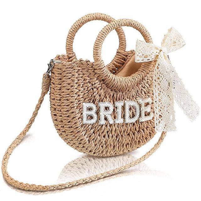 Bride Straw Purse Mrs Handmade Summer Handbag Bride Women Beach Bag Rhinestone Letter Patches Bow Rattan Straw Bag