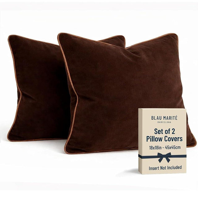 Blau Marité 2 Pack Velvet Decorative Throw Pillow Covers, 18"x18", Brown and Camel, Solid, Modern, Contrast Piping, Indoor Use, Bedroom & Living Room