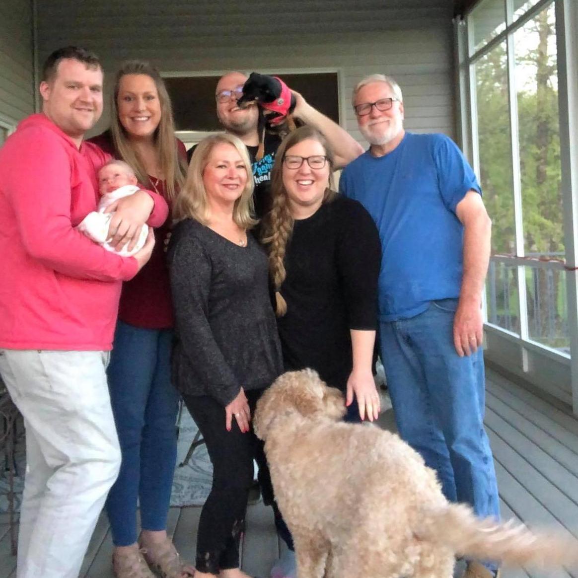 The whole fam and crazy doggos with the newest addition, little Maggie- May 2021