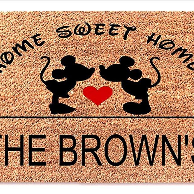 Personalized Mickey and Minnie Mouse Kissing Heart Funny Doormat - Decor Home Sweet Home Best Door Welcome Custom Mat New House Presents - Wedding Bridesmaid Valentine Birthday Gift
