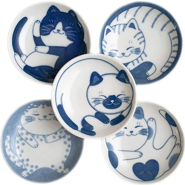 LOVE LOVE JAPAN Dessert Sushi Soy Sauce Salad Small Plate Set Ceramic Cats Design Set of 5 Made In Japan Sleeping Cat