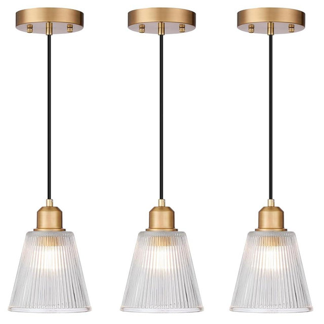 Mildear Pendant Lights Kitchen Island, Gold Pendant Light Fixtures with 5.8mm Thick Glass Shade and Adjustable Cord, Modern Pendant Lighting for Bathroom, Dining Room, Bedroom, 3 Pack