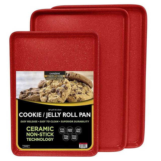 casaWare 3pc Ultimate Commercial Weight Cookie Sheet Set, Two 15 x 10-Inch Pans, One 13 x 9-Inch-Inch Pan (Red Granite)