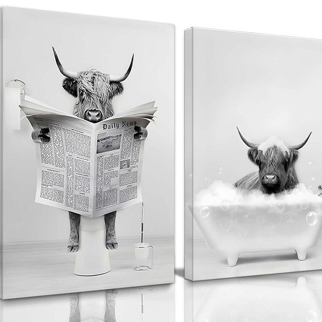 Framed 2 Pieces Bathroom Wall Art Funny Highland Cow Canvas Cow in Bathtub prints Cute Animal Abstract Prints Modern Home Décor Pictures for Bathroom Humor Animals Poster Rustic Farmhouse Decoration 16"x24"x2
