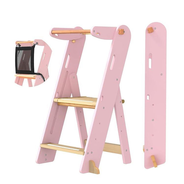 GROWNSY Foldable Step Stool Toddler Tower, Toddler Kitchen Stool Helper, Collapsible Kids Standing Learning Tower with 3 Adjustable Heights and Safety Net for Kitchen Bathroom Sink Counter (Pink)