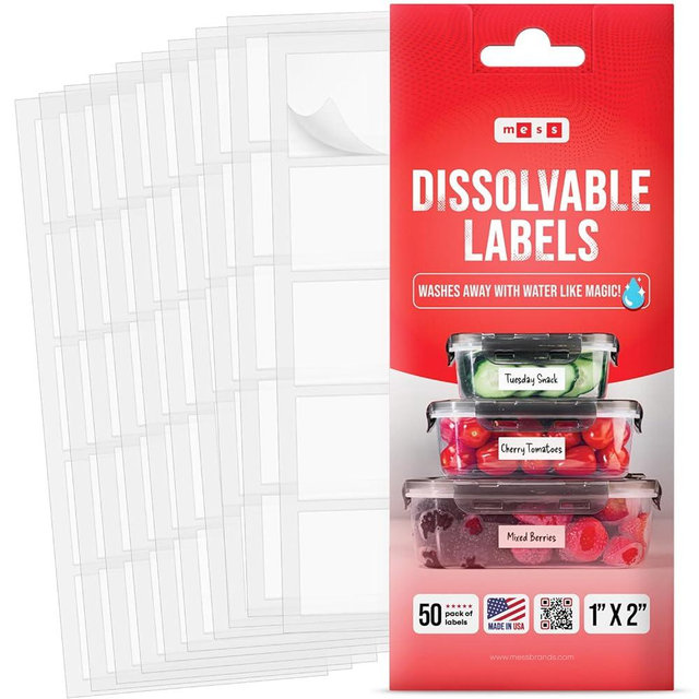 MESS Dissolvable Labels for Food Containers (1x2" 50) - Dissolvable Food Labels for Food Storage - Dissolves Like Magic with Absolutely No Clean Up - Removable Kitchen Labels - Freezer Labels