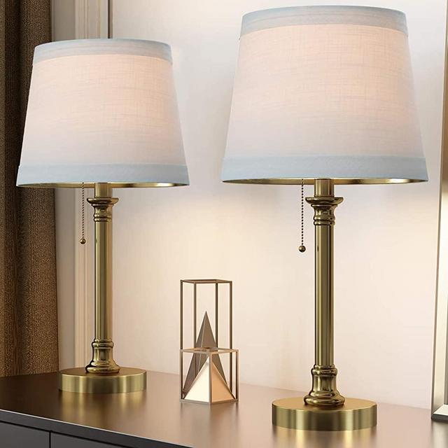 Oneach Modern Table Lamp Set of 2 for Bedroom Living Room 20“ Bedside Reading Lamps with White Drum Shade Antique Brass