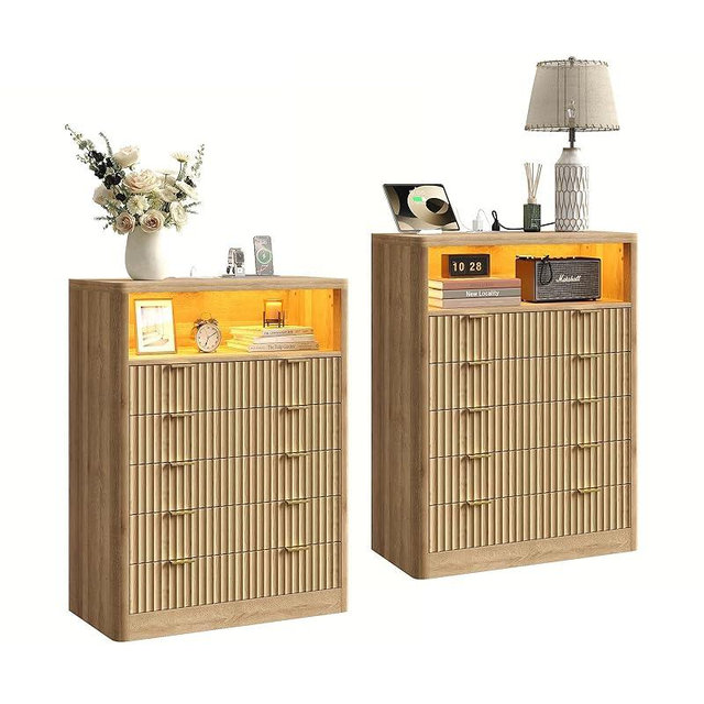FUSOU Fluted Dresser for Bedroom, Chest of Drawers with LED Light & Charging Station, Tall Storage Organizer with 5 Drawers, Farmhouse Nightstand for Bedroom, Living Room, Hallway, Natural Oak