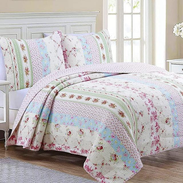 Cozy Line Home Fashions Real Patchwork Wild Rose Floral Striped Cotton Reversible Quilt Bedding Set, Coverlet, Bedspread (Wild Rose, Queen - 3 Piece)