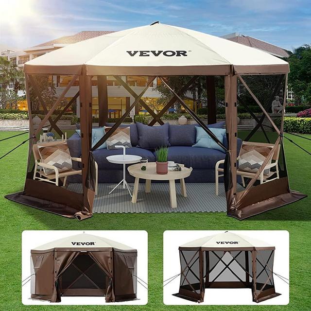VEVOR Camping Gazebo Tent, 12*12ft, 6 Sided Pop-up Canopy Screen Shelter Tent with Mesh Windows, Portable Carry Bag, Stakes, Large Shade Tents for Outdoor Camping, Lawn and Backyard, Brown/Beige