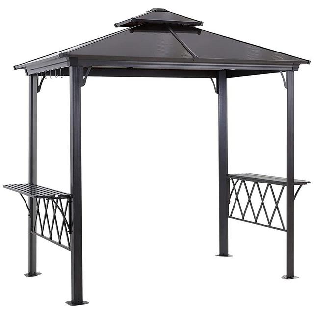 Outsunny 9' x 5' Grill Gazebo Hardtop BBQ Canopy with 2-Tier, Shelves Serving Tables for Backyard Patio Lawn