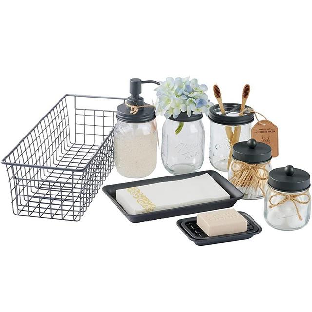 Mason Jar Bathroom Accessories Set 8 Pcs - Lotion Soap Dispenser,Toothbrush Holder,2 Apothecary Jars, Flower Vase,Soap Dish,Vanity Tray,Toilet Paper Holder Storage Bin,Farmhouse Decor (Gray)