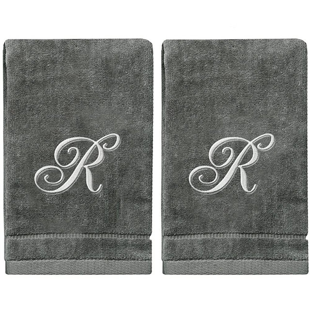 Monogrammed Towels Fingertip, Personalized Gift, 11 x 18 Inches - Set of 2- Silver Embroidered Towel - Extra Absorbent 100% Cotton- Soft Velour Finish - for Bathroom/ Kitchen/ Spa- Initial R (Gray)